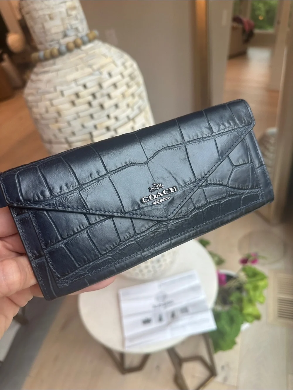 Coach Croc-Embossed Leather Envelope Wallet in Dark Navy